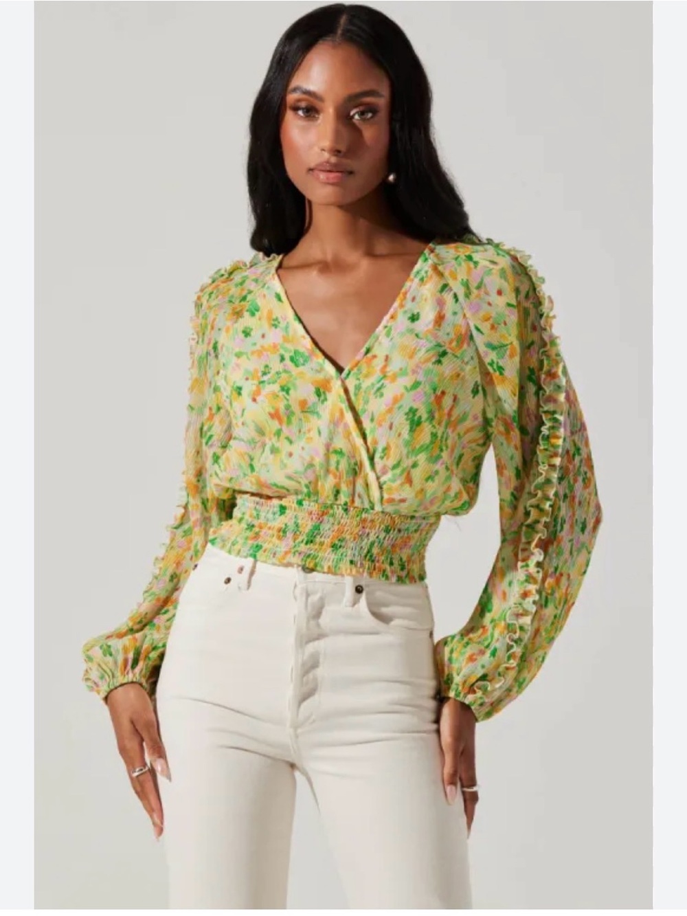 Astr the Label Smocked Waist V-Neck Blouse - Green Multi
